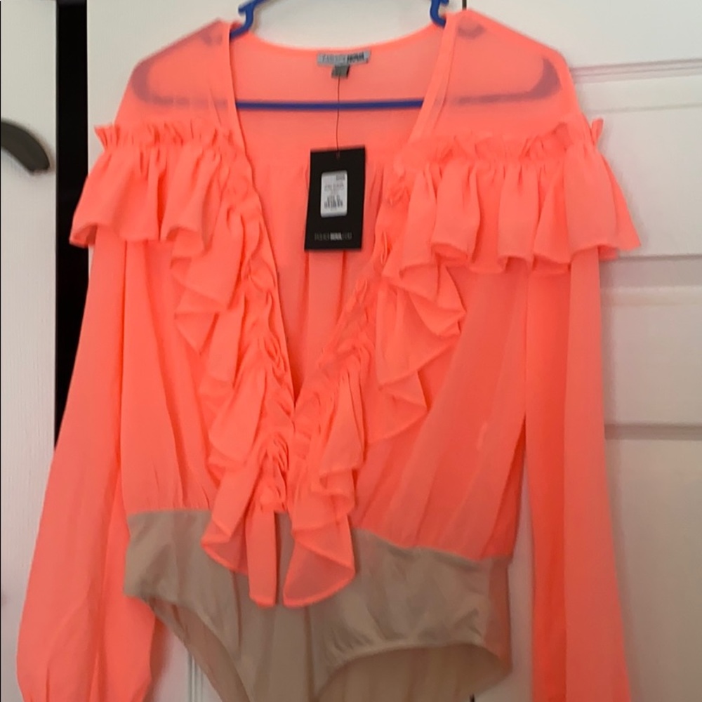 neon pink body suit